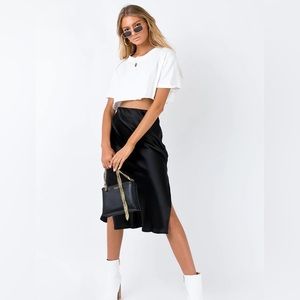 Princess Polly black satin side slit midi skirt Cleo lavoe 6 medium